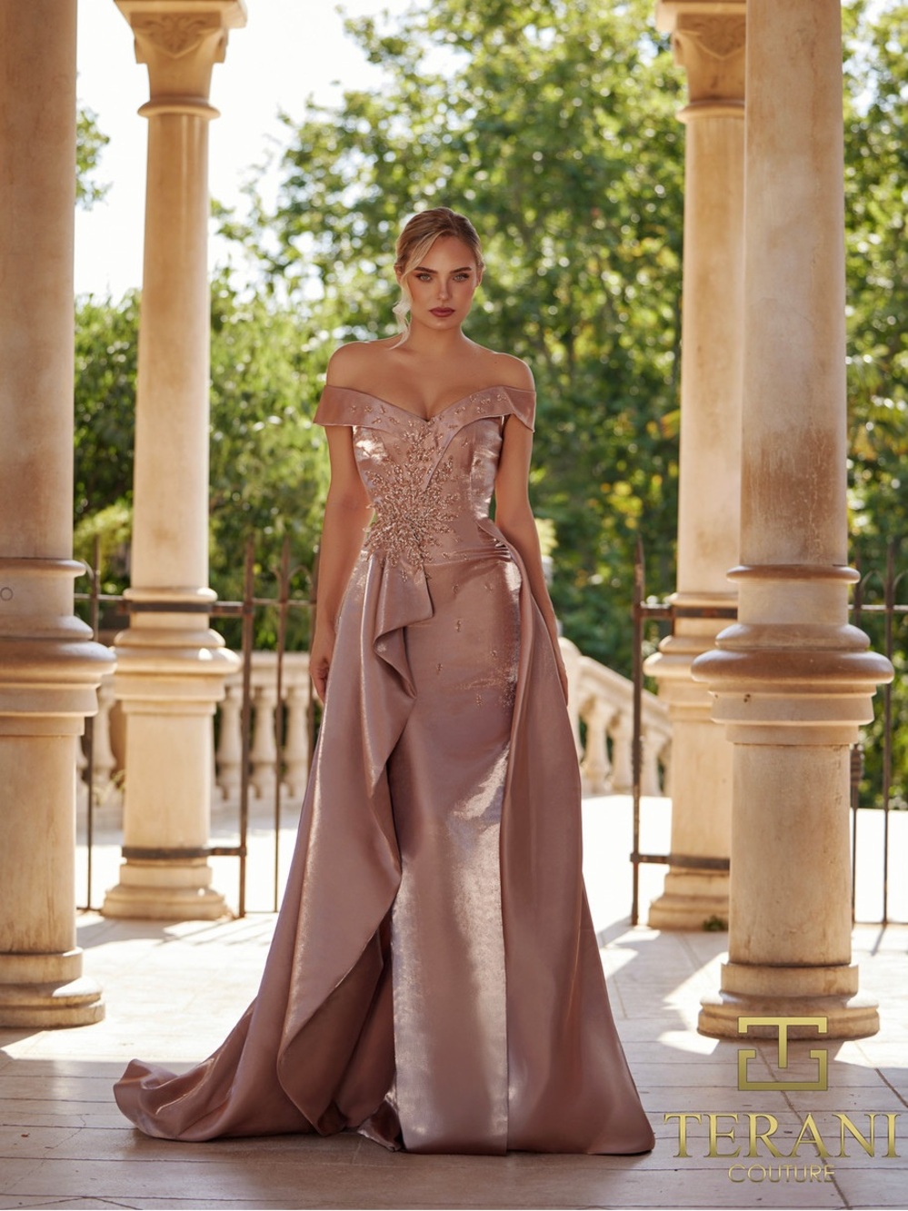 Terani Couture Mother Of Bride Dusty Rose Off-Shoulder Prom Gown